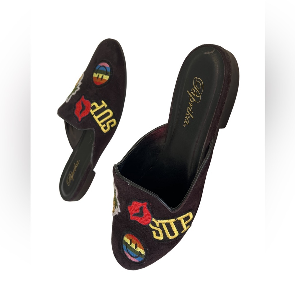 Paprika Black Velvety Mules with Colourful Embroidered Patches